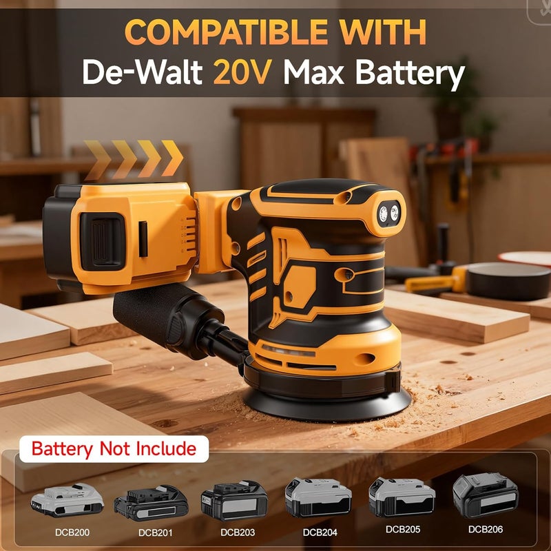 Labfintom Cordless Sander for De-Walt 20v Battery, Random Orbit Sanders Brushless Motor 5 Inch with 6 Variable Speed 9700-19000RPM, 20PCS Sanding Discs & Dust Collector, Electric Sander for Sanding (No Battery) - Image 2